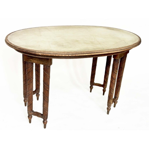 118 - CENTRE WRITING TABLE, early 20th century oak with oval leather inset writing surface above four pair... 