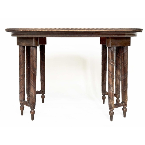 118 - CENTRE WRITING TABLE, early 20th century oak with oval leather inset writing surface above four pair... 