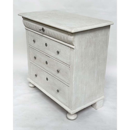 120 - COMMODE, 19th century Scandinavian grey painted with shaped frieze drawer and three further long dra... 