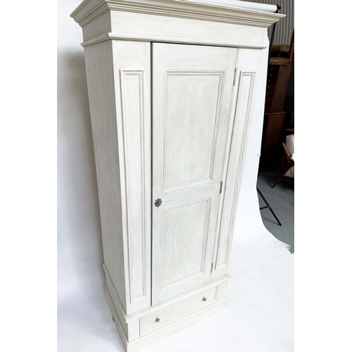 122 - ARMOIRE, French style traditionally grey painted with single panelled door, enclosing hanging above ... 