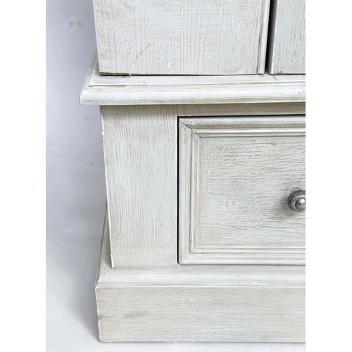 122 - ARMOIRE, French style traditionally grey painted with single panelled door, enclosing hanging above ... 