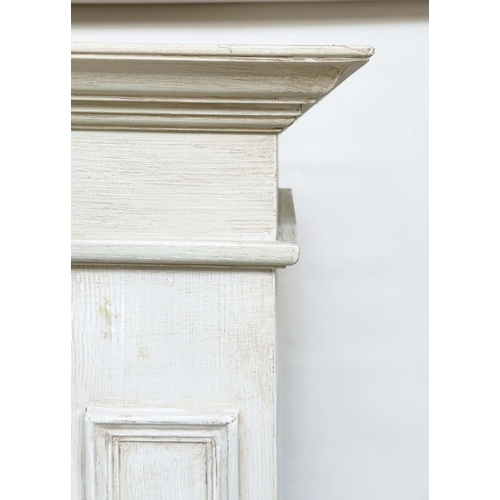 122 - ARMOIRE, French style traditionally grey painted with single panelled door, enclosing hanging above ... 