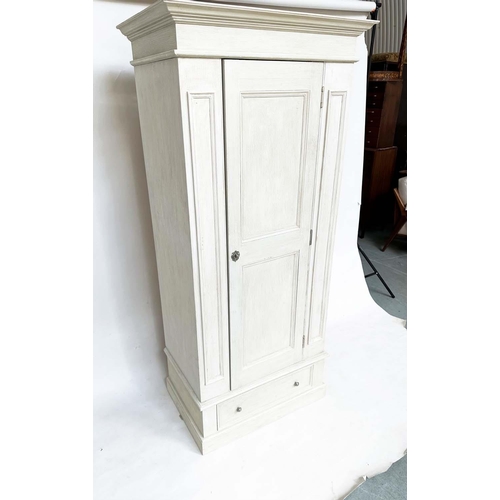 122 - ARMOIRE, French style traditionally grey painted with single panelled door, enclosing hanging above ... 