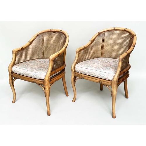 125 - FAUX BAMBOO CONSERVATORY ARMCHAIRS, a pair, with arched backs and cane panelling, 60cm W. (2)