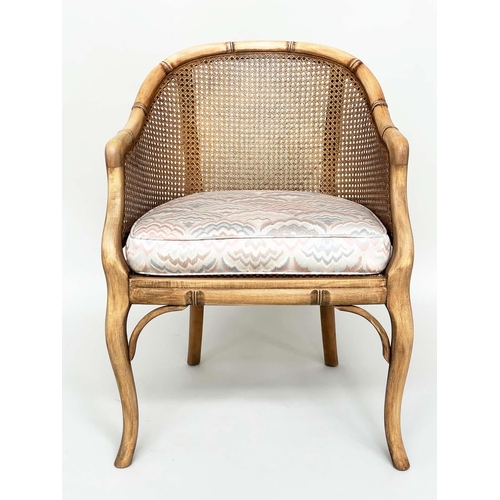 125 - FAUX BAMBOO CONSERVATORY ARMCHAIRS, a pair, with arched backs and cane panelling, 60cm W. (2)