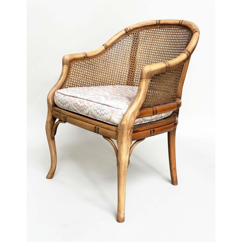 125 - FAUX BAMBOO CONSERVATORY ARMCHAIRS, a pair, with arched backs and cane panelling, 60cm W. (2)