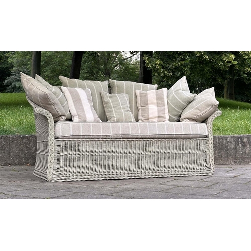 126 - MARSTON AND LANGINGER ENGLISH WILLOW SEAT, English woven willow with swept arms, seat and scatter cu... 