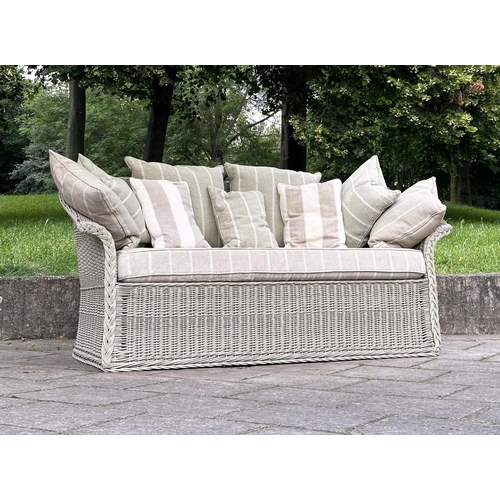 126 - MARSTON AND LANGINGER ENGLISH WILLOW SEAT, English woven willow with swept arms, seat and scatter cu... 