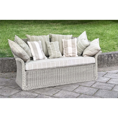 126 - MARSTON AND LANGINGER ENGLISH WILLOW SEAT, English woven willow with swept arms, seat and scatter cu... 