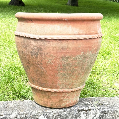 128 - TERRACOTTA GARDEN PLANTER, vase form weathered terracotta with moulded rim and rope detail, 49cm H x... 