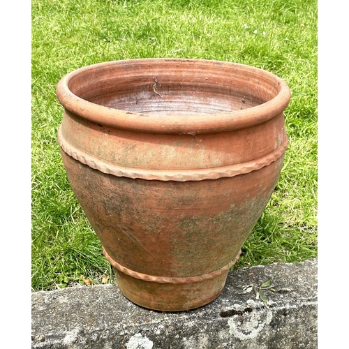 128 - TERRACOTTA GARDEN PLANTER, vase form weathered terracotta with moulded rim and rope detail, 49cm H x... 