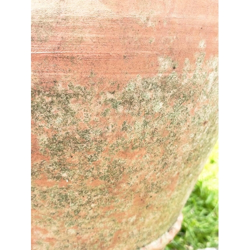 128 - TERRACOTTA GARDEN PLANTER, vase form weathered terracotta with moulded rim and rope detail, 49cm H x... 