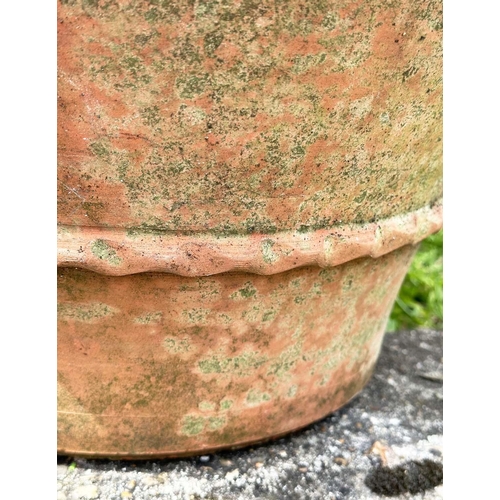 128 - TERRACOTTA GARDEN PLANTER, vase form weathered terracotta with moulded rim and rope detail, 49cm H x... 