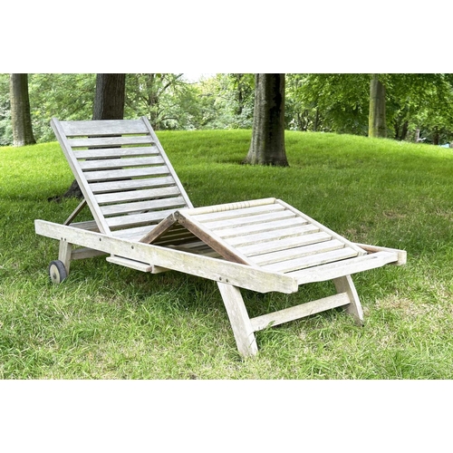 133 - GARDEN LOUNGER BY LINDSEY, nicely weathered teak multi folding slatted with wheels, drinks tray and ... 