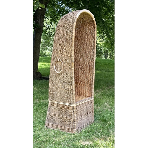 134 - HOODED PORTER'S GARDEN CHAIR, sun bleached 'Porter's chair' style, woven wicker, arched hooded with ... 