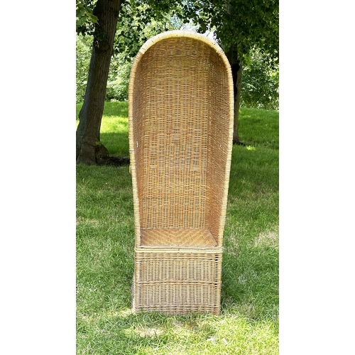 134 - HOODED PORTER'S GARDEN CHAIR, sun bleached 'Porter's chair' style, woven wicker, arched hooded with ... 