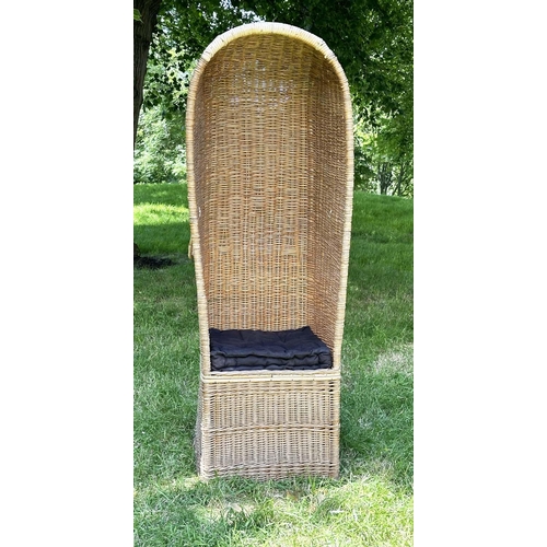 134 - HOODED PORTER'S GARDEN CHAIR, sun bleached 'Porter's chair' style, woven wicker, arched hooded with ... 