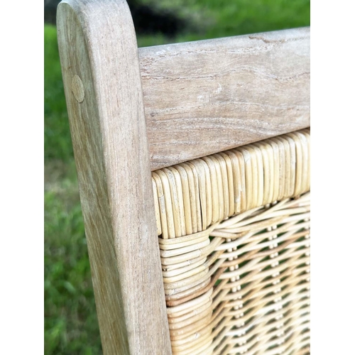 136 - 'WESTMINSTER' GARDEN/CONSERVATORY TERRACE FOLDING ARMCHAIRS, a pair, teak and brass hinged with cane... 