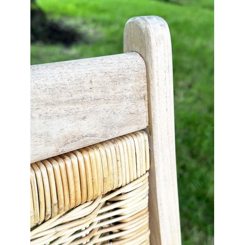 136 - 'WESTMINSTER' GARDEN/CONSERVATORY TERRACE FOLDING ARMCHAIRS, a pair, teak and brass hinged with cane... 