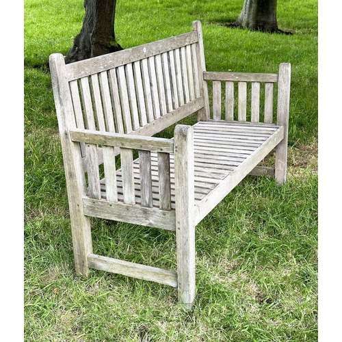 137 - GARDEN BENCH, vintage 'Lister' weathered teak with drop arms and cross slatted seat, 136cm W.