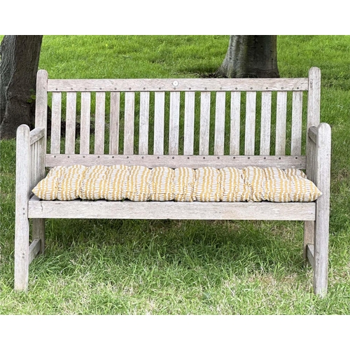 137 - GARDEN BENCH, vintage 'Lister' weathered teak with drop arms and cross slatted seat, 136cm W.