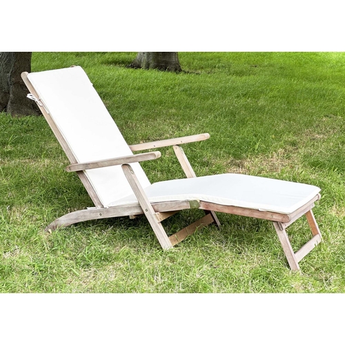 139 - STEAMER GARDEN ARMCHAIR, weathered teak and brass hinged folding slatted cosntruction, approx 144cm ... 