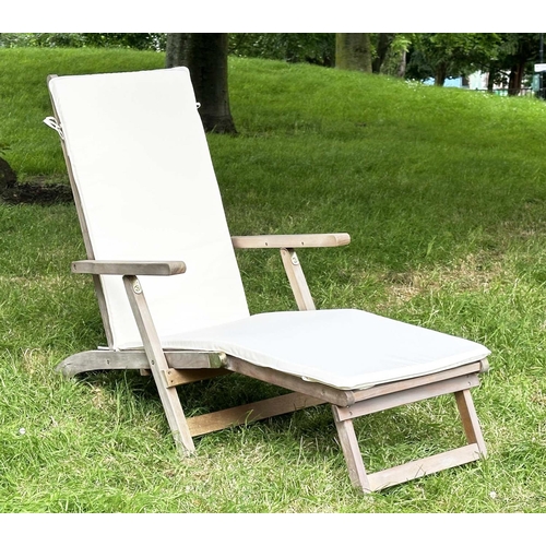 139 - STEAMER GARDEN ARMCHAIR, weathered teak and brass hinged folding slatted cosntruction, approx 144cm ... 