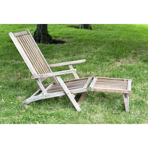 139 - STEAMER GARDEN ARMCHAIR, weathered teak and brass hinged folding slatted cosntruction, approx 144cm ... 