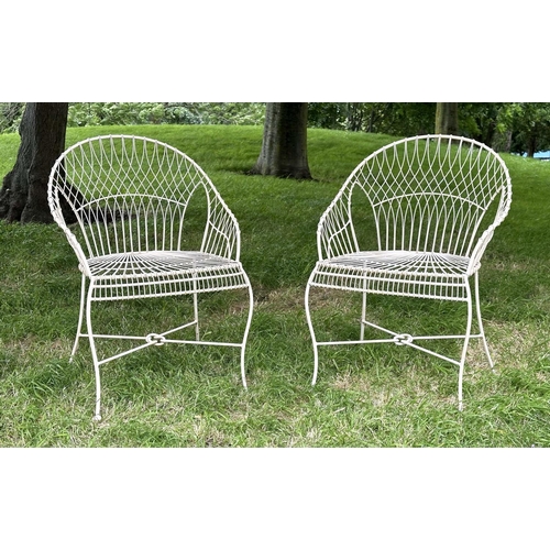 140 - FRENCH GARDEN ARMCHAIRS, a pair, French 19th century style wirework and painted each with hoop back ... 