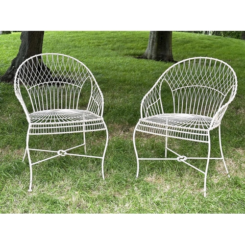 140 - FRENCH GARDEN ARMCHAIRS, a pair, French 19th century style wirework and painted each with hoop back ... 