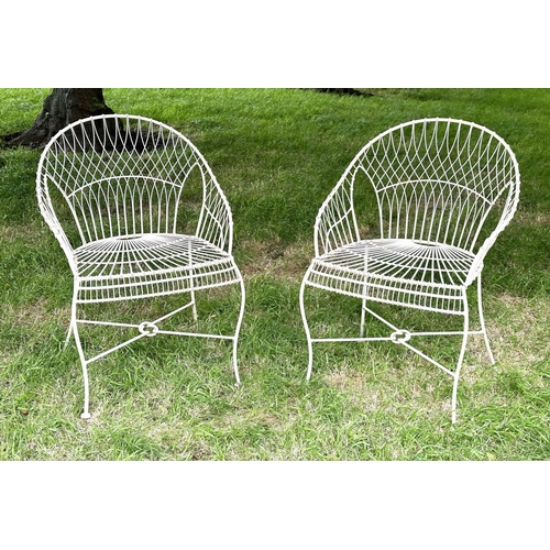 140 - FRENCH GARDEN ARMCHAIRS, a pair, French 19th century style wirework and painted each with hoop back ... 