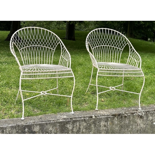 140 - FRENCH GARDEN ARMCHAIRS, a pair, French 19th century style wirework and painted each with hoop back ... 