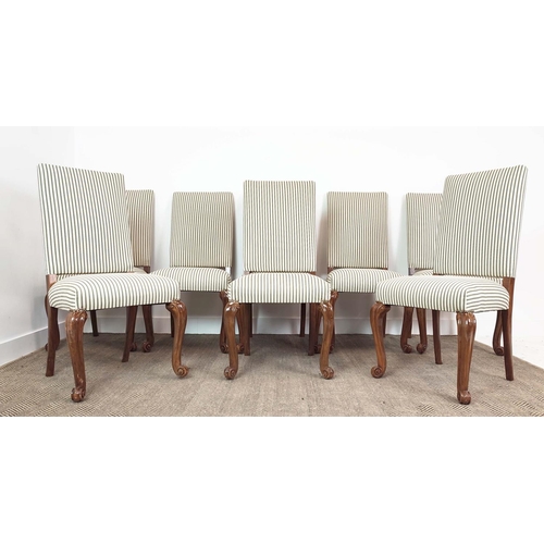 146 - DINING CHAIRS, a set of eight, Georgian style walnut in new green ticking upholstery, 105cm H x 53cm... 