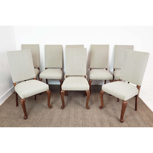 146 - DINING CHAIRS, a set of eight, Georgian style walnut in new green ticking upholstery, 105cm H x 53cm... 