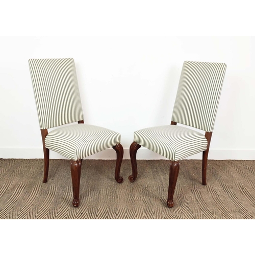 146 - DINING CHAIRS, a set of eight, Georgian style walnut in new green ticking upholstery, 105cm H x 53cm... 