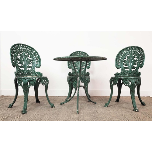 147 - GARDEN TABLE, circular green painted metal, 65cm H x 69cm D, and a set of three chairs, 85cm H x 41c... 