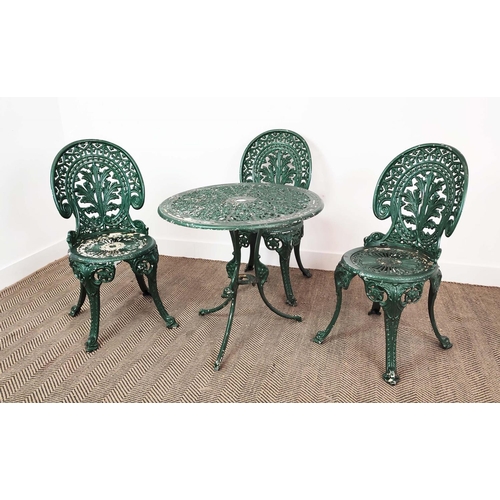 147 - GARDEN TABLE, circular green painted metal, 65cm H x 69cm D, and a set of three chairs, 85cm H x 41c... 