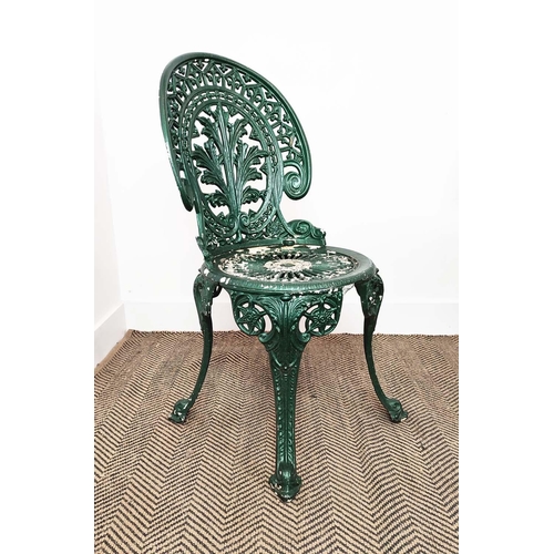 147 - GARDEN TABLE, circular green painted metal, 65cm H x 69cm D, and a set of three chairs, 85cm H x 41c... 