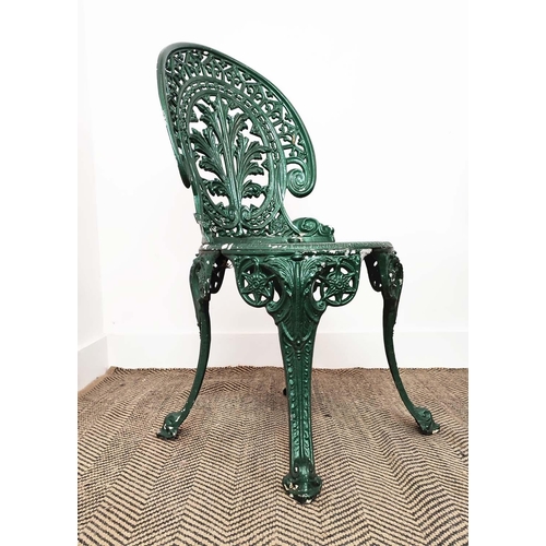 147 - GARDEN TABLE, circular green painted metal, 65cm H x 69cm D, and a set of three chairs, 85cm H x 41c... 