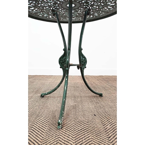 147 - GARDEN TABLE, circular green painted metal, 65cm H x 69cm D, and a set of three chairs, 85cm H x 41c... 