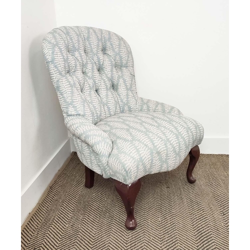 149 - SLIPPER CHAIR, Victorian style in blue fern patterned fabric, 85cm H x 63cm.