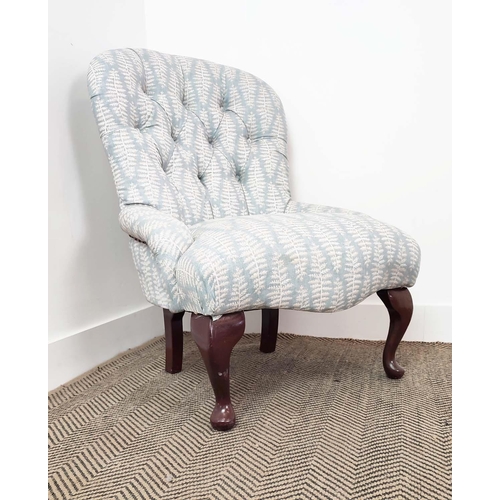 149 - SLIPPER CHAIR, Victorian style in blue fern patterned fabric, 85cm H x 63cm.