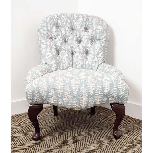 149 - SLIPPER CHAIR, Victorian style in blue fern patterned fabric, 85cm H x 63cm.