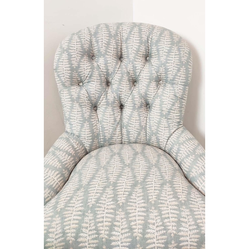 149 - SLIPPER CHAIR, Victorian style in blue fern patterned fabric, 85cm H x 63cm.