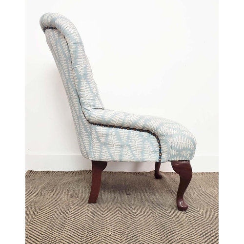 149 - SLIPPER CHAIR, Victorian style in blue fern patterned fabric, 85cm H x 63cm.