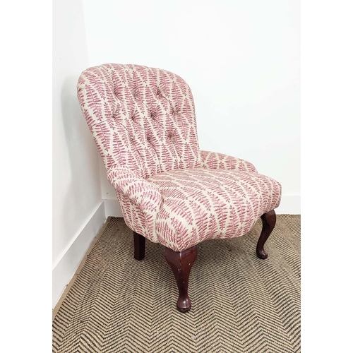 150 - SLIPPER CHAIR, Victorian style in pink fern patterned fabric, 85cm H x 63cm.