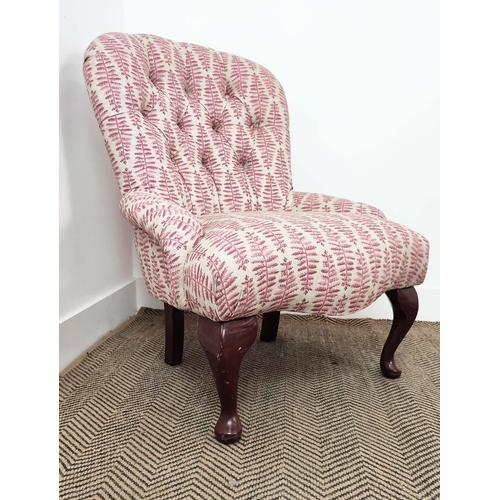 150 - SLIPPER CHAIR, Victorian style in pink fern patterned fabric, 85cm H x 63cm.