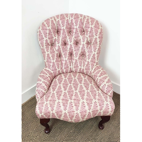 150 - SLIPPER CHAIR, Victorian style in pink fern patterned fabric, 85cm H x 63cm.