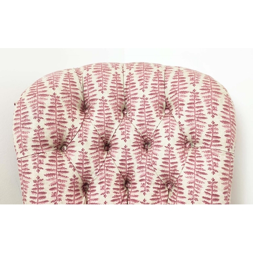 150 - SLIPPER CHAIR, Victorian style in pink fern patterned fabric, 85cm H x 63cm.