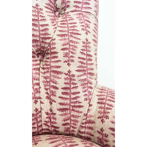 150 - SLIPPER CHAIR, Victorian style in pink fern patterned fabric, 85cm H x 63cm.